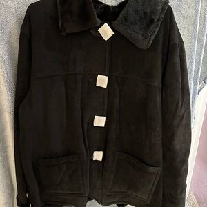 Dennis Basso Black Leather Teddy Jacket with Faux-fur lining